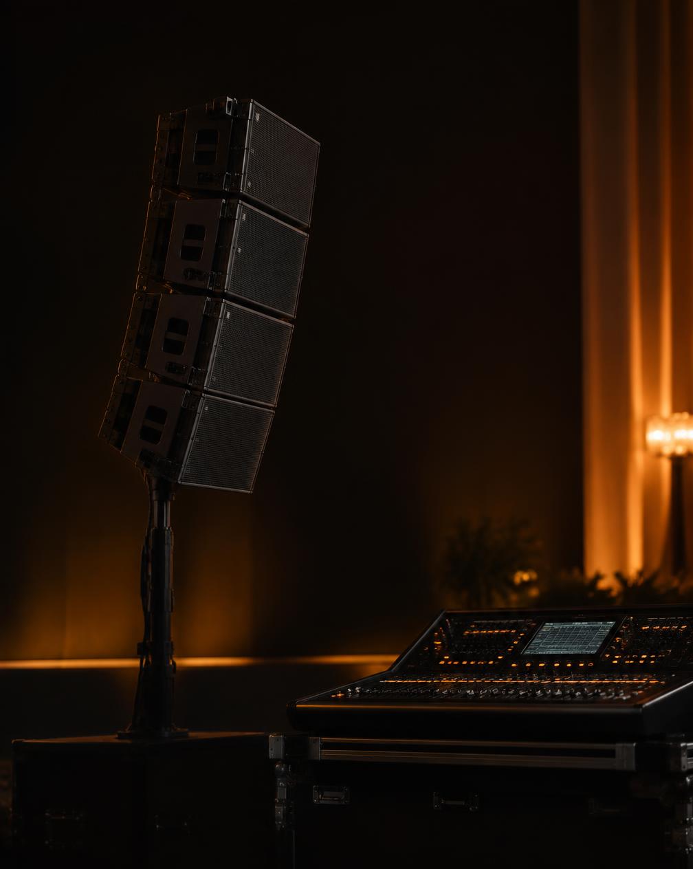 Equipo de sonido y consola de audio en un salón de eventos