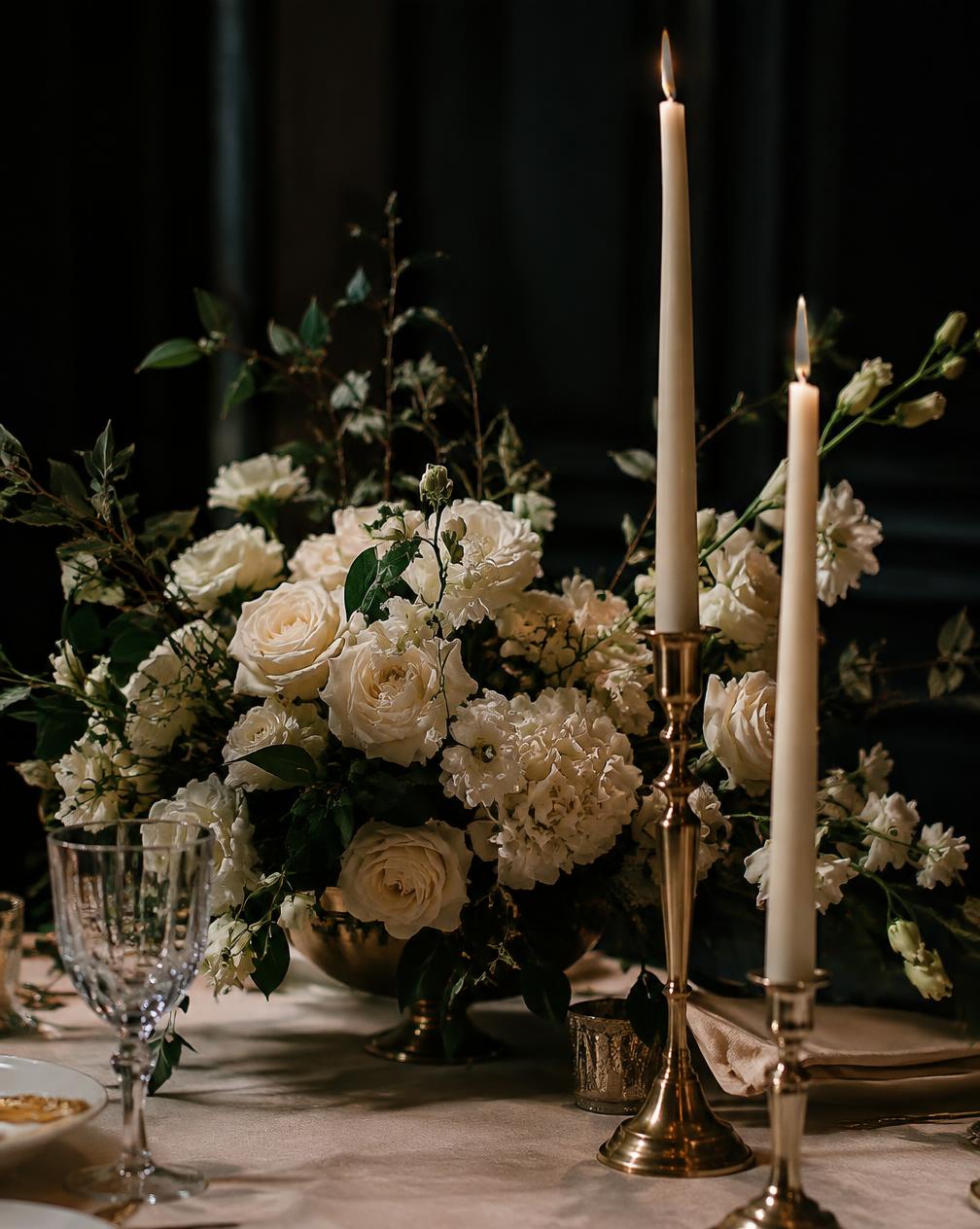 Arreglo floral en tonos marfil con candelabros de latón